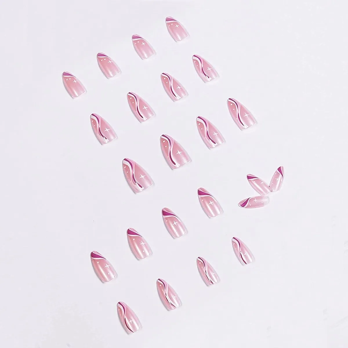Press On Nails Pink Swirl Glossy Almond Stiletto Nail Kit