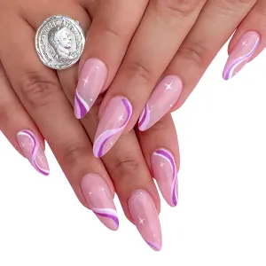 Press On Nails Pink Swirl Glossy Almond Stiletto Nail Kit
