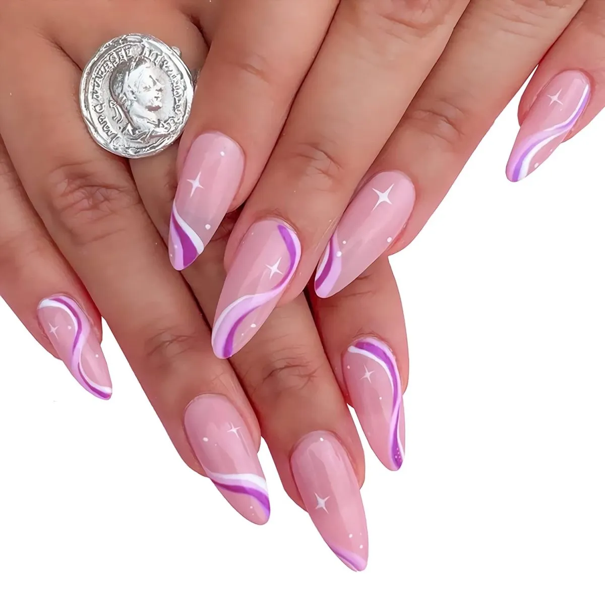 Press On Nails Pink Swirl Glossy Almond Stiletto Nail Kit