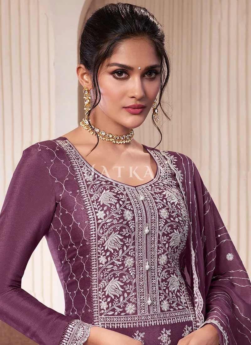 Purple Sequence And Thread Embroidery Palazzo Suit
