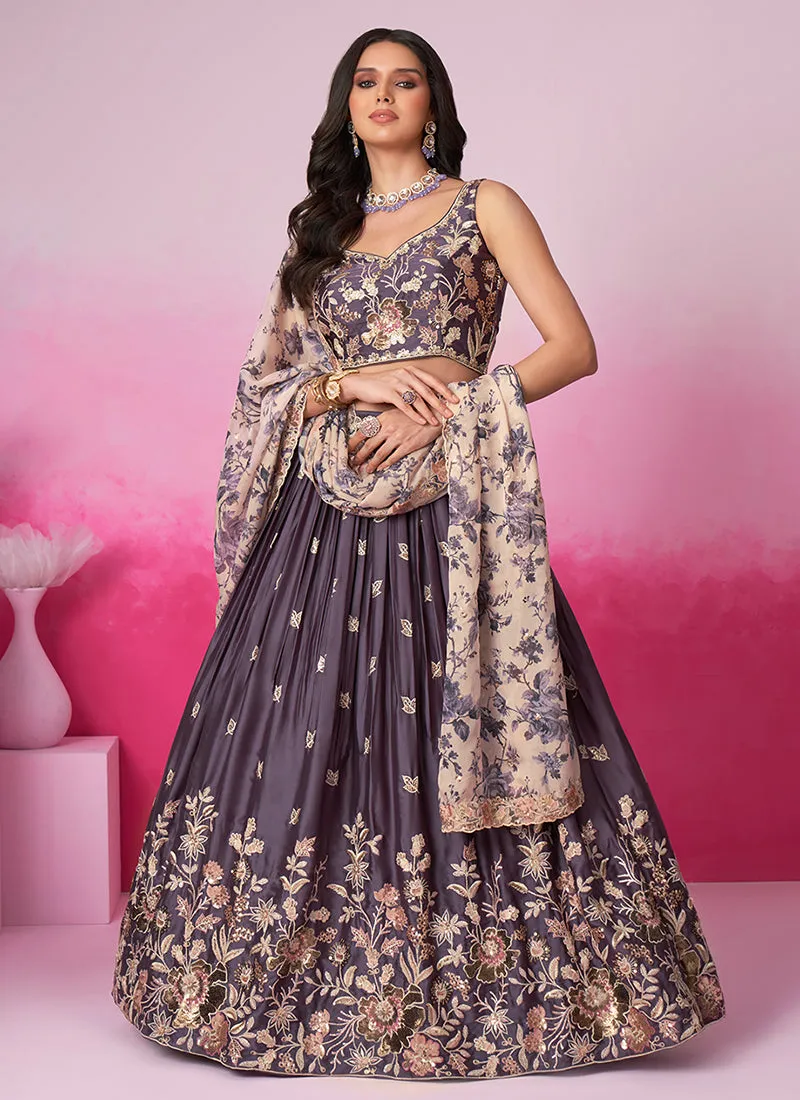 Purple Sequence Embroidery Printed Lehenga Choli