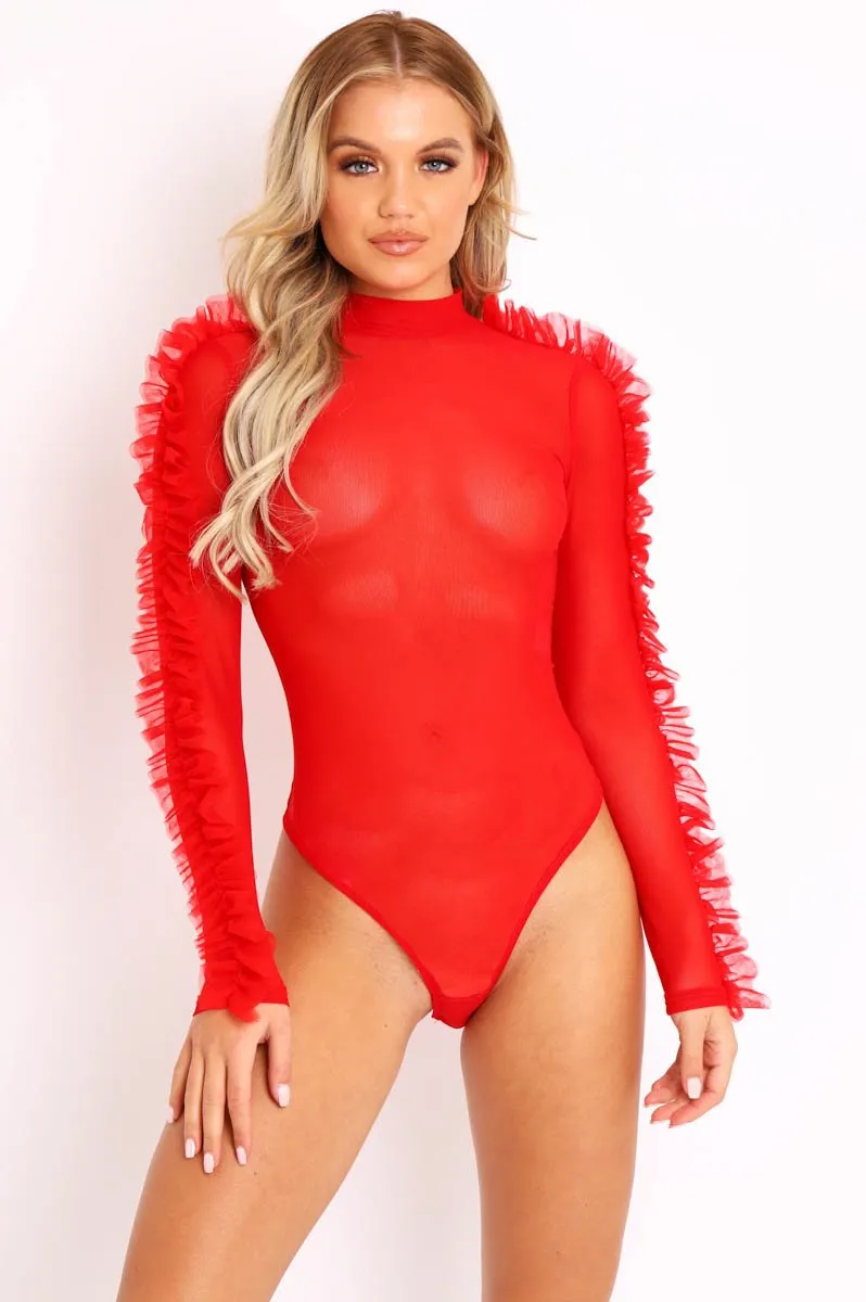 Red Mesh High Neck Frill Sleeve Bodysuit - Carla