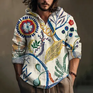 Retro Illustration Style Floral Print Casual Jacquard Shirt