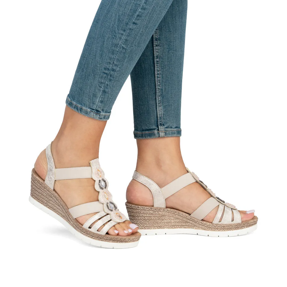 Rieker Wedge Beaded Sandal Beige Gold