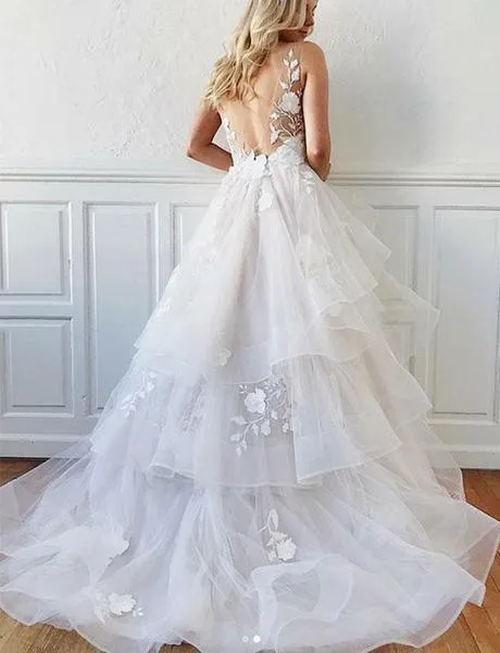 Romantic A-Line V Neck Tiered Appliques Tulle Long Wedding Dresses TN187