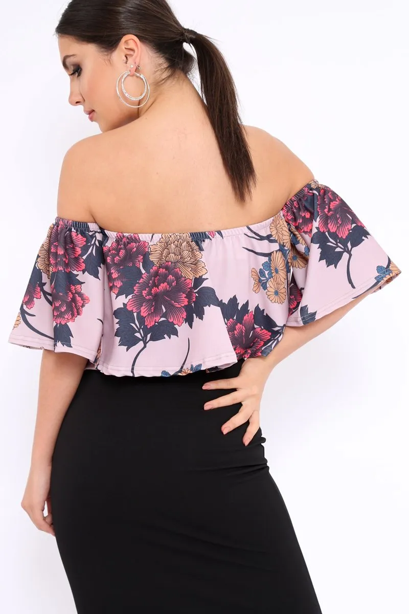 Rose Floral Print Bardot Crop Top - Jeorgia