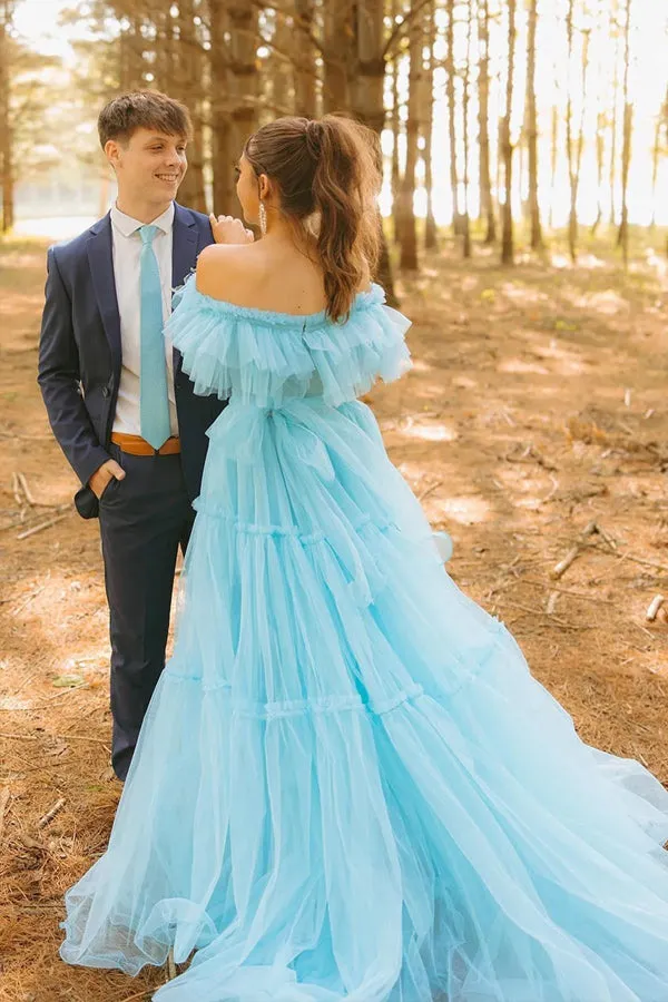 Ruffles Off the Shoulder A-line Long Corset Prom Dress TP1317