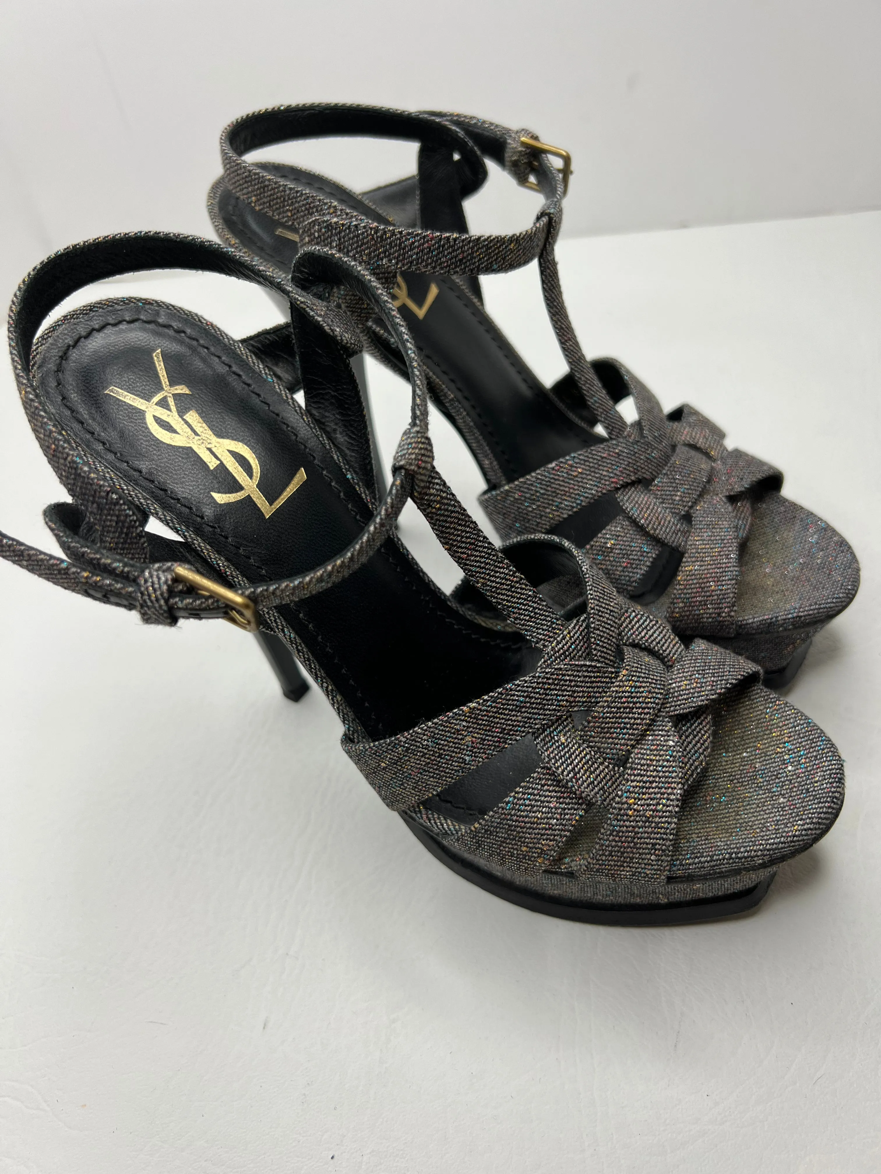Saint Laurent YSL Tribute Speckled Denim Sandal Heels size 37.5/ 7.5