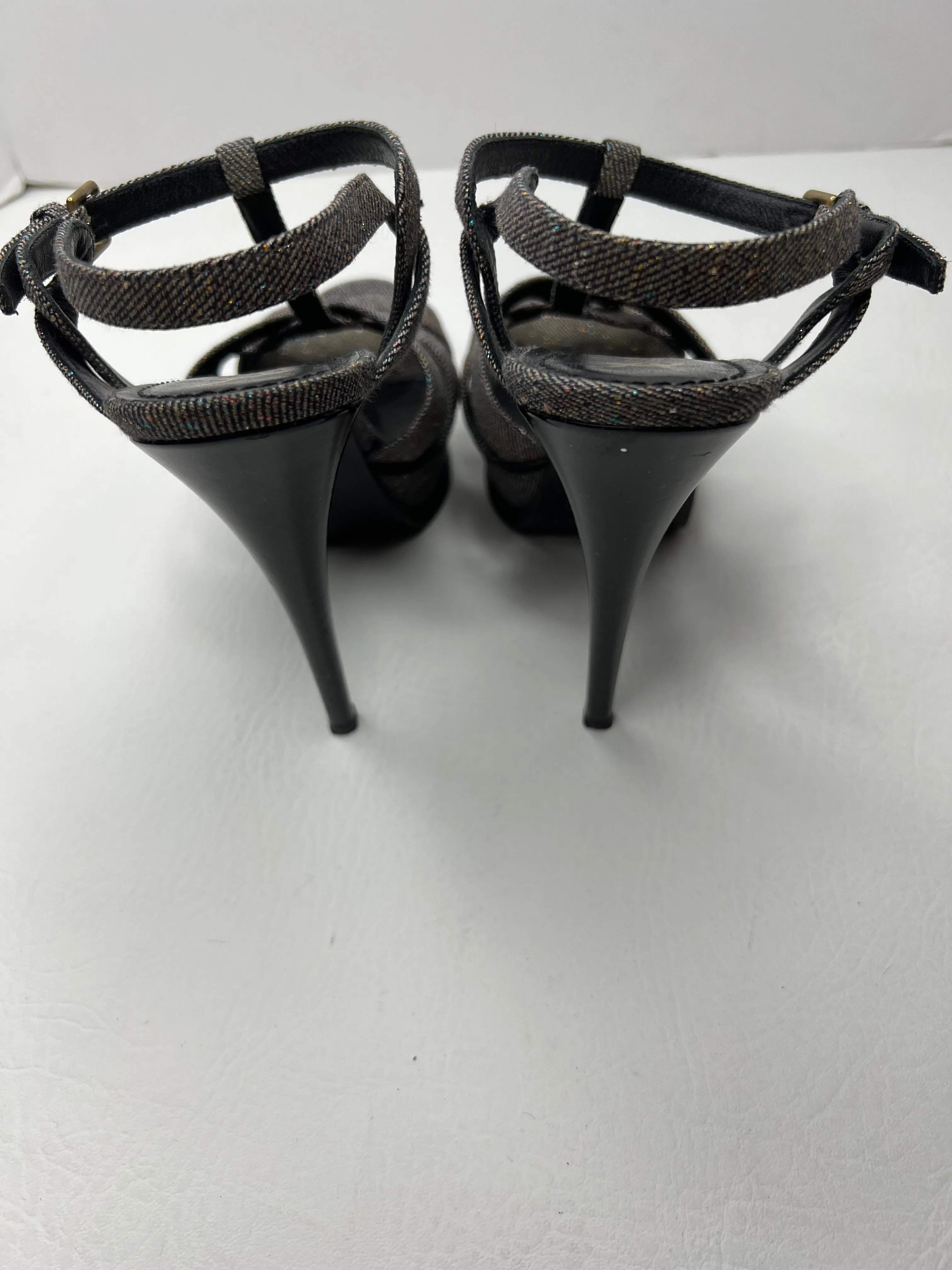 Saint Laurent YSL Tribute Speckled Denim Sandal Heels size 37.5/ 7.5