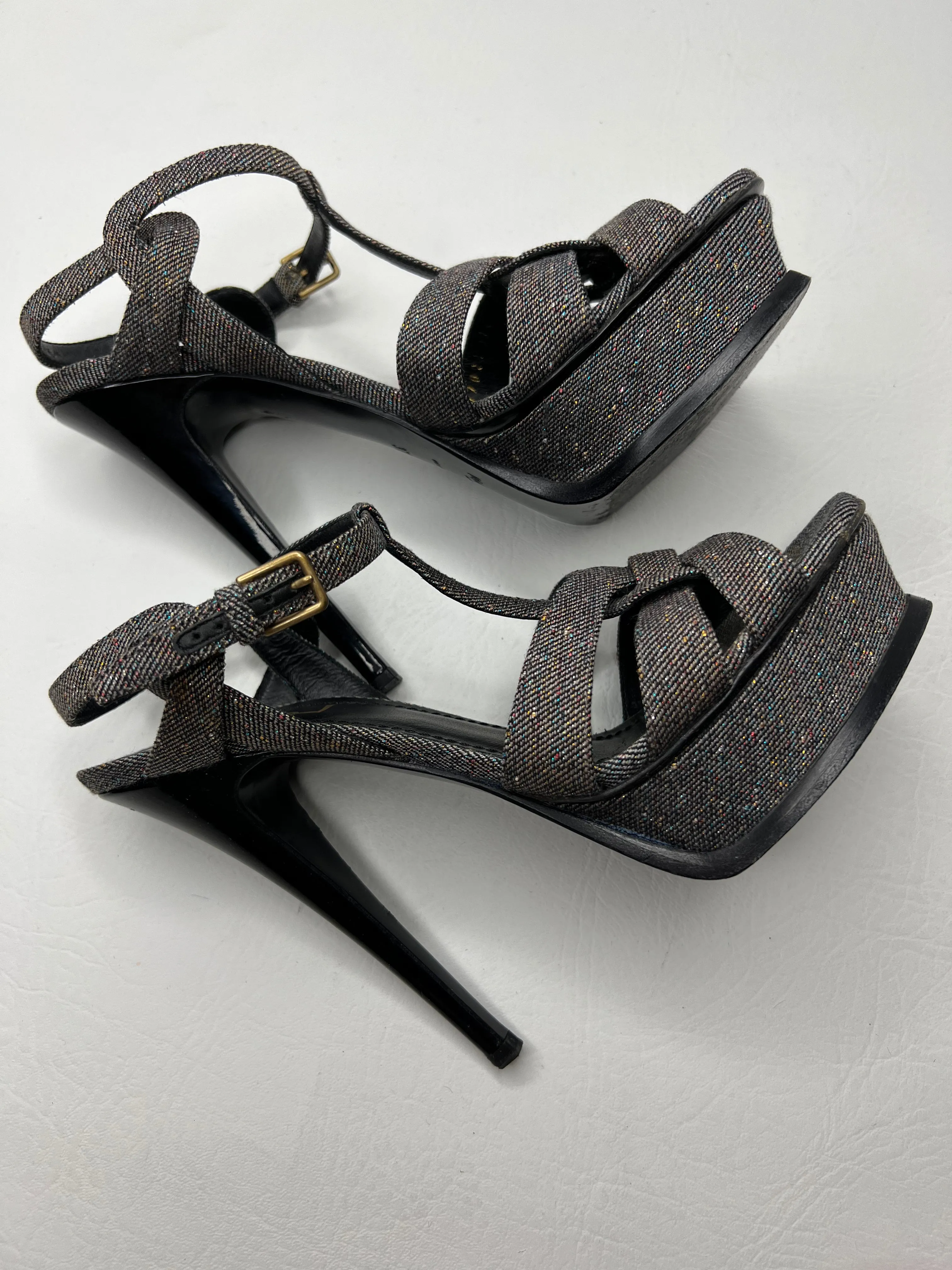 Saint Laurent YSL Tribute Speckled Denim Sandal Heels size 37.5/ 7.5