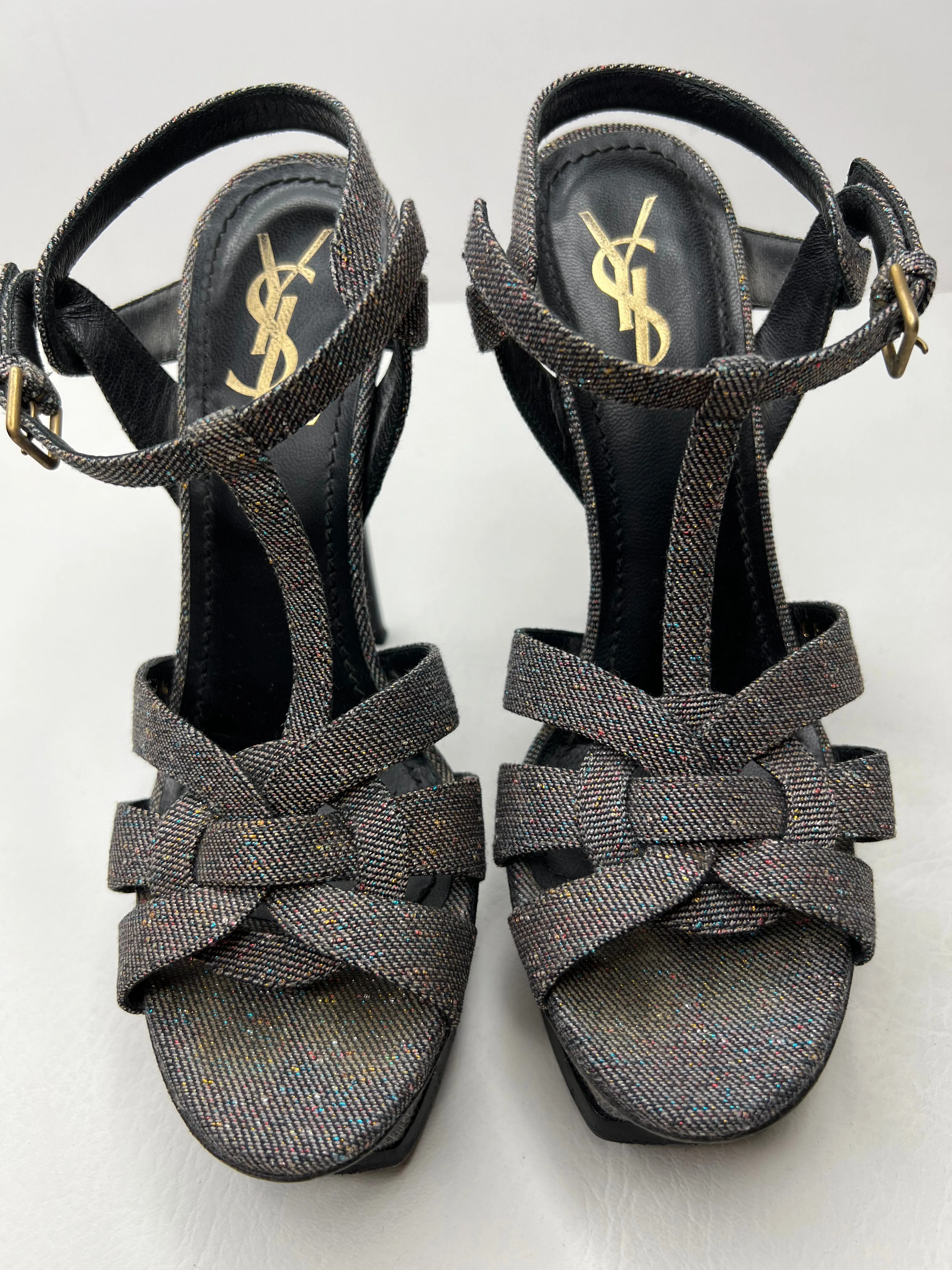 Saint Laurent YSL Tribute Speckled Denim Sandal Heels size 37.5/ 7.5