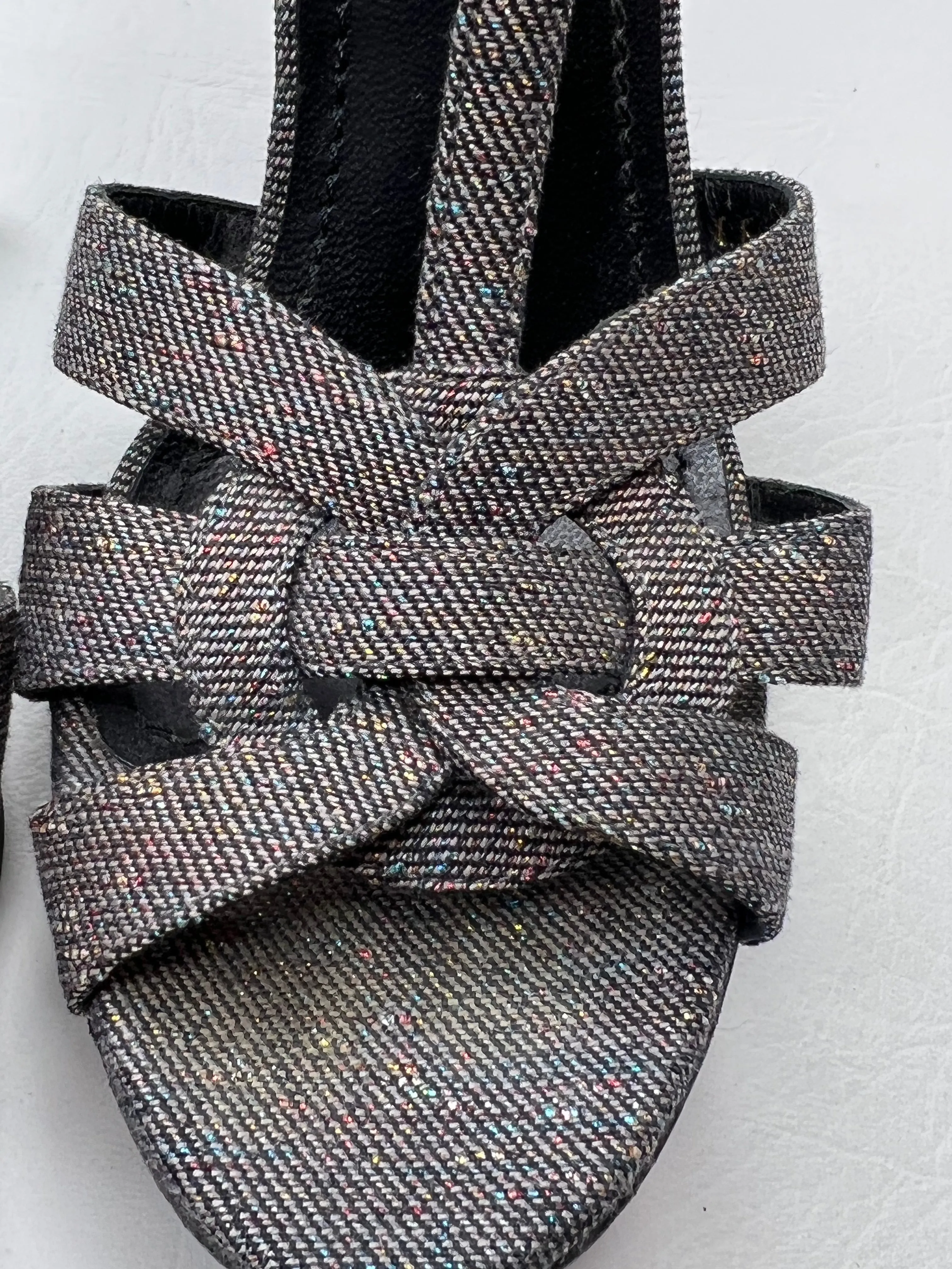 Saint Laurent YSL Tribute Speckled Denim Sandal Heels size 37.5/ 7.5