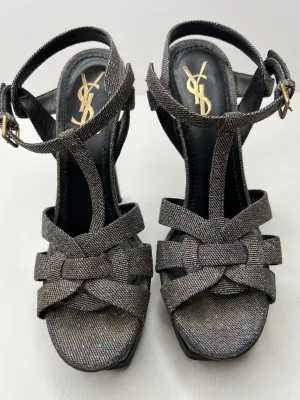 Saint Laurent YSL Tribute Speckled Denim Sandal Heels size 37.5/ 7.5