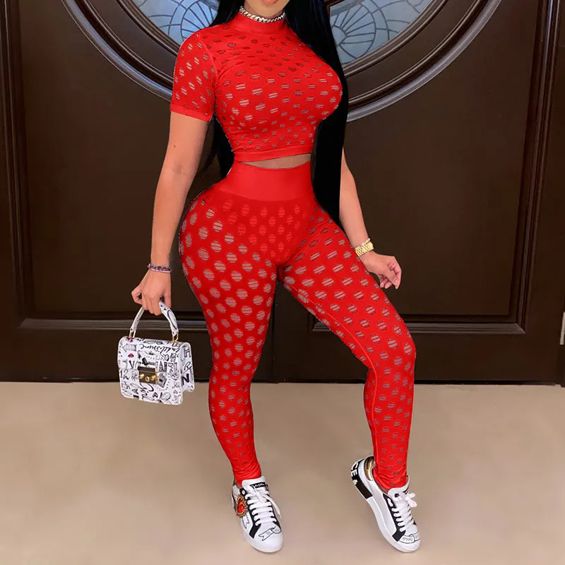 Sexy Hollow Short Sleeve Crop Tops & Slim Pants Set