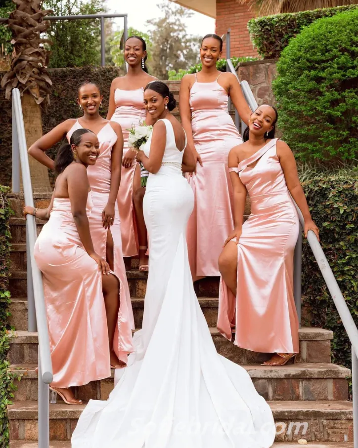 Sexy Mismatched Pink Sleeveless Side Slit Mermaid Floor Length Bridesmaid Dressses, SFWG00451