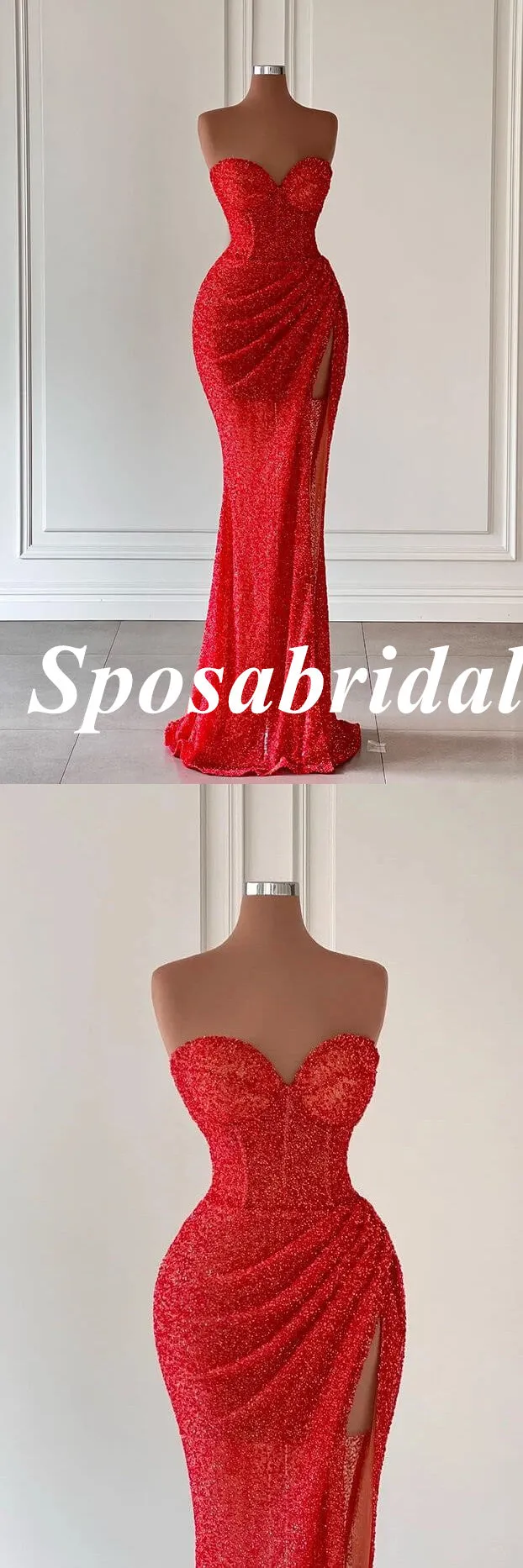 Sexy Red Sweetheart Sleeveless Side Slit Mermaid Long Prom Dresses, PD3907