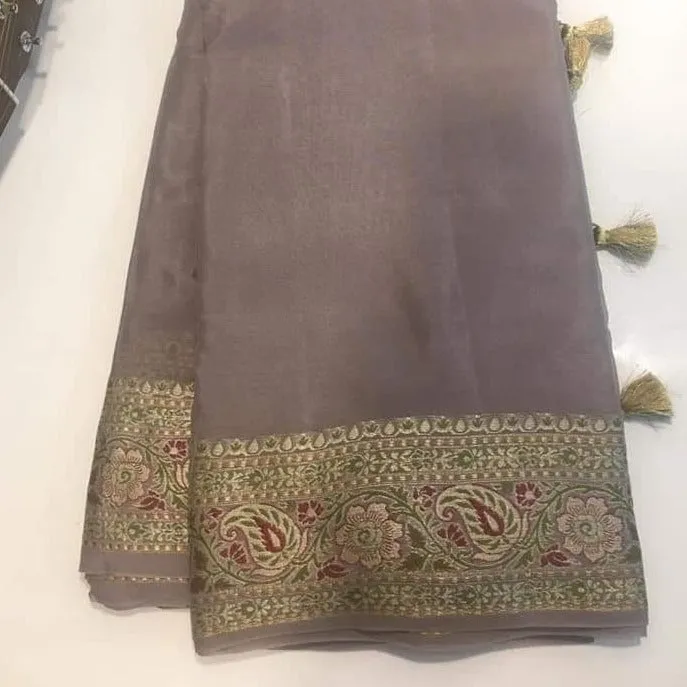 Smoke Grey Banarasi Chiffon Meenakari Elegant Saree