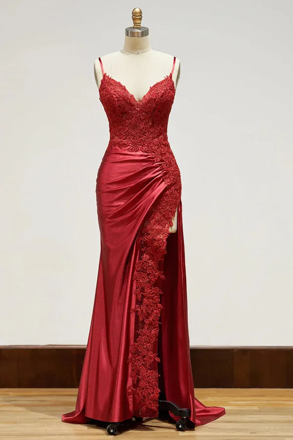 Spaghetti Straps Appliques Side Split Black Long Prom Dress TP1383