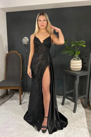 Spaghetti Straps Appliques Side Split Black Long Prom Dress TP1383