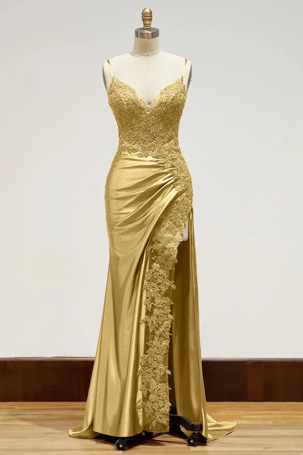 Spaghetti Straps Appliques Side Split Black Long Prom Dress TP1383