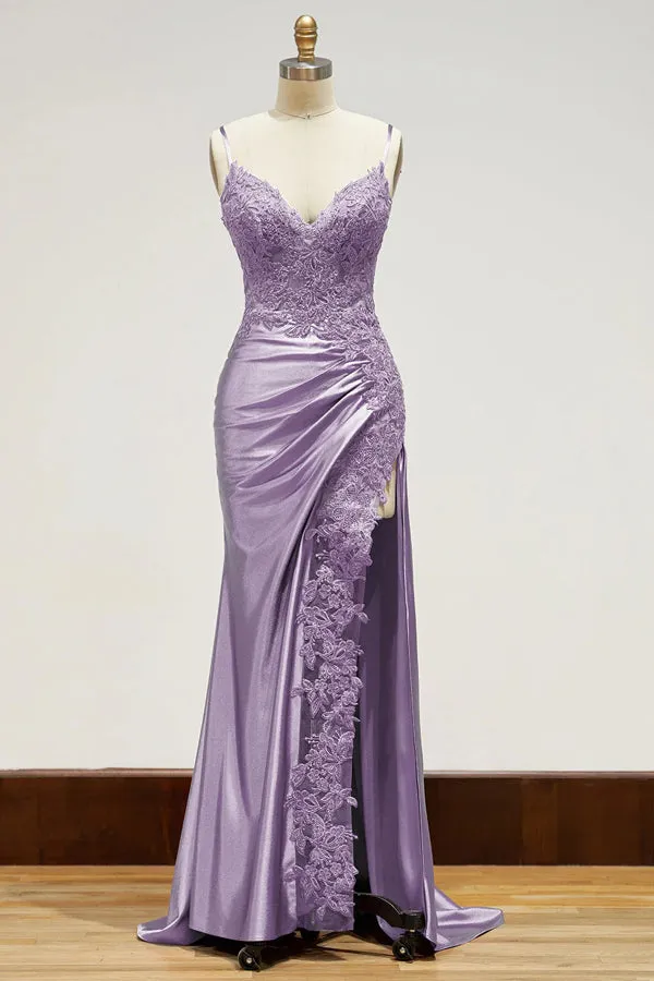 Spaghetti Straps Appliques Side Split Black Long Prom Dress TP1383