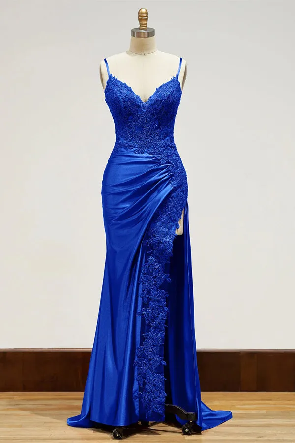 Spaghetti Straps Appliques Side Split Black Long Prom Dress TP1383