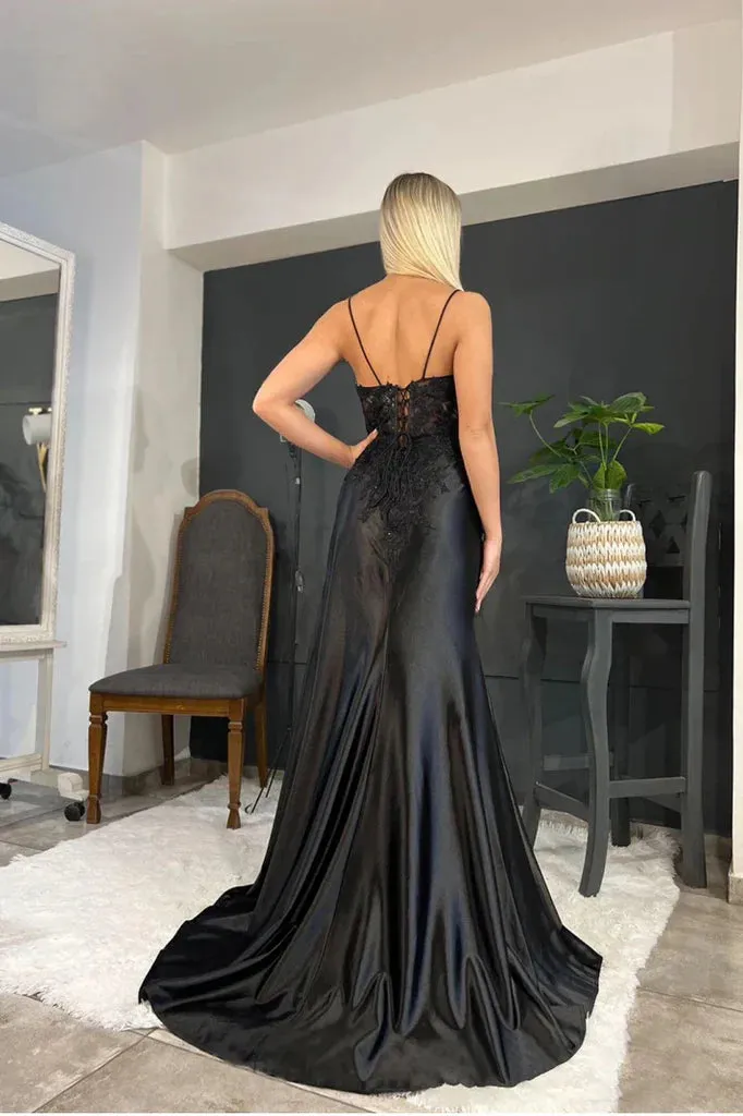 Spaghetti Straps Appliques Side Split Black Long Prom Dress TP1383