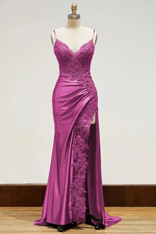 Spaghetti Straps Appliques Side Split Black Long Prom Dress TP1383