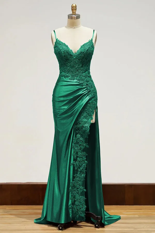 Spaghetti Straps Appliques Side Split Black Long Prom Dress TP1383