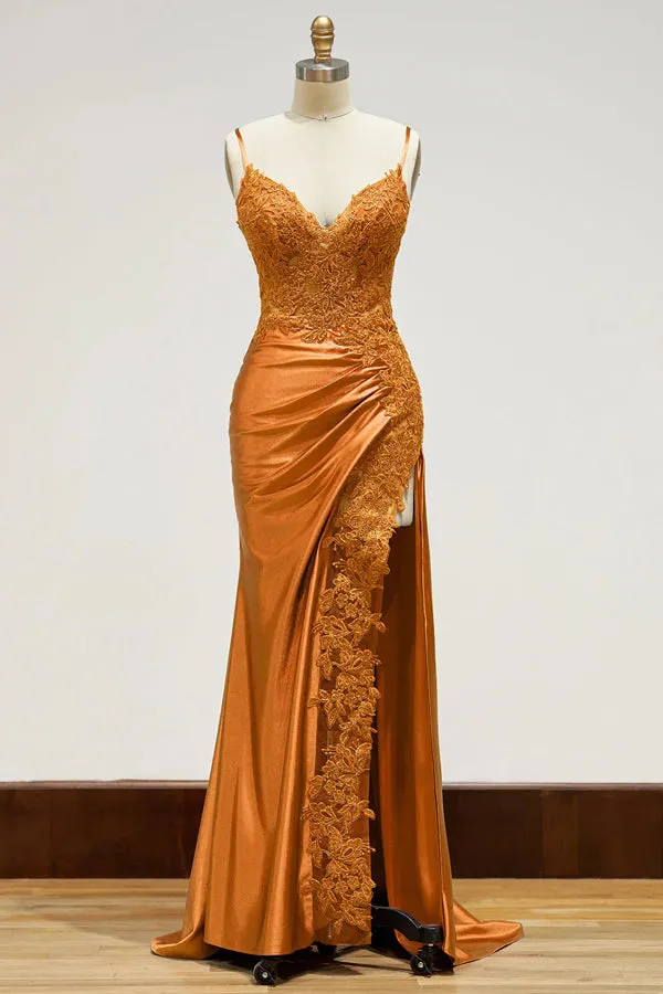 Spaghetti Straps Appliques Side Split Black Long Prom Dress TP1383