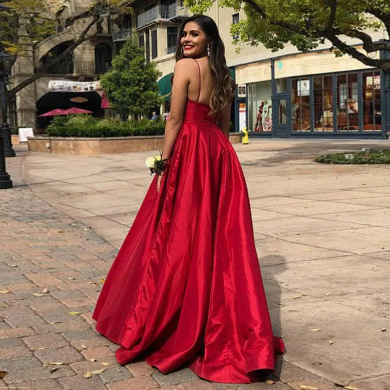 Spaghetti Straps Elegant V Neck Prom Dresses Open Back Satin Red Sleeveless Evening Dress