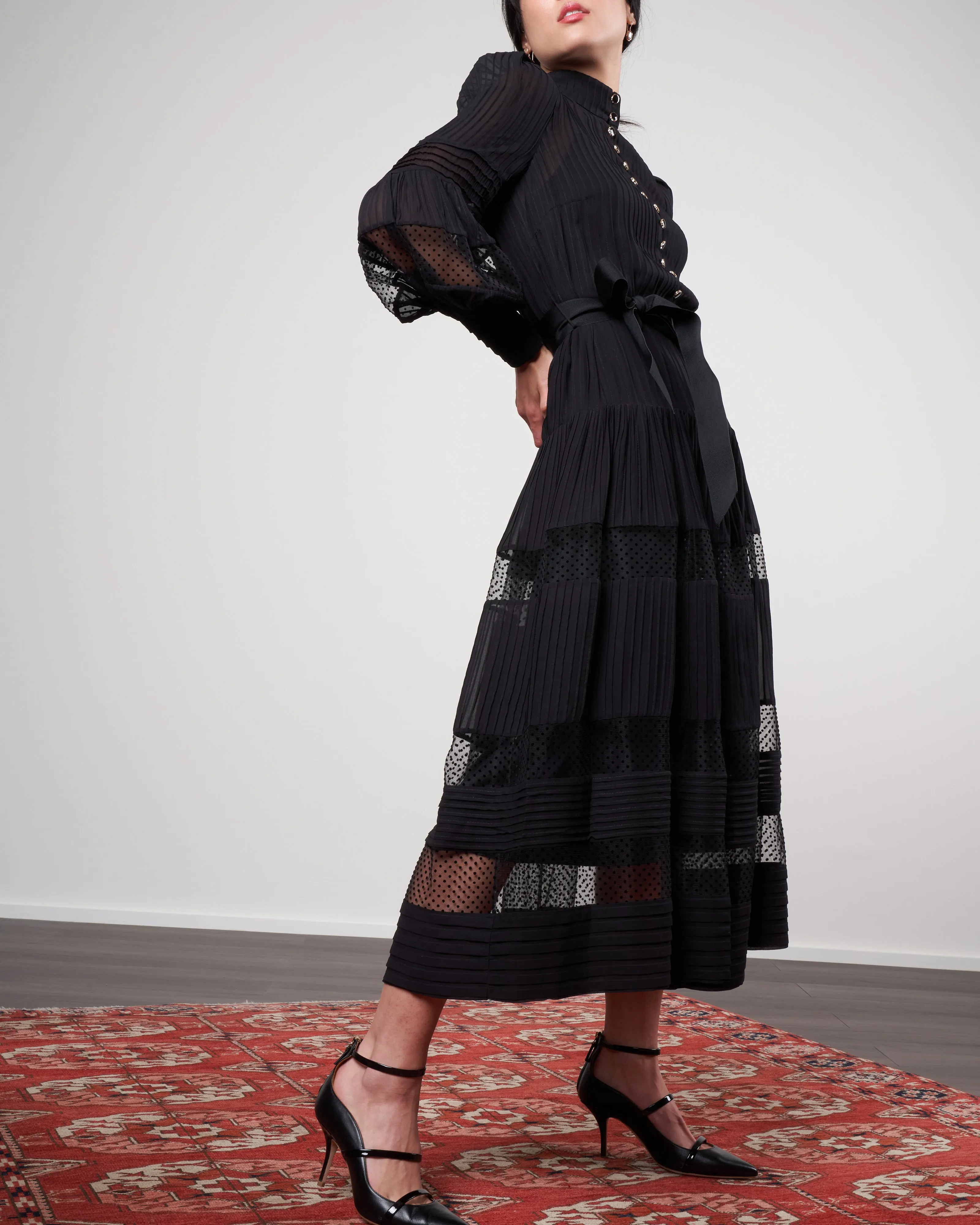 spliced mesh midi dress - black