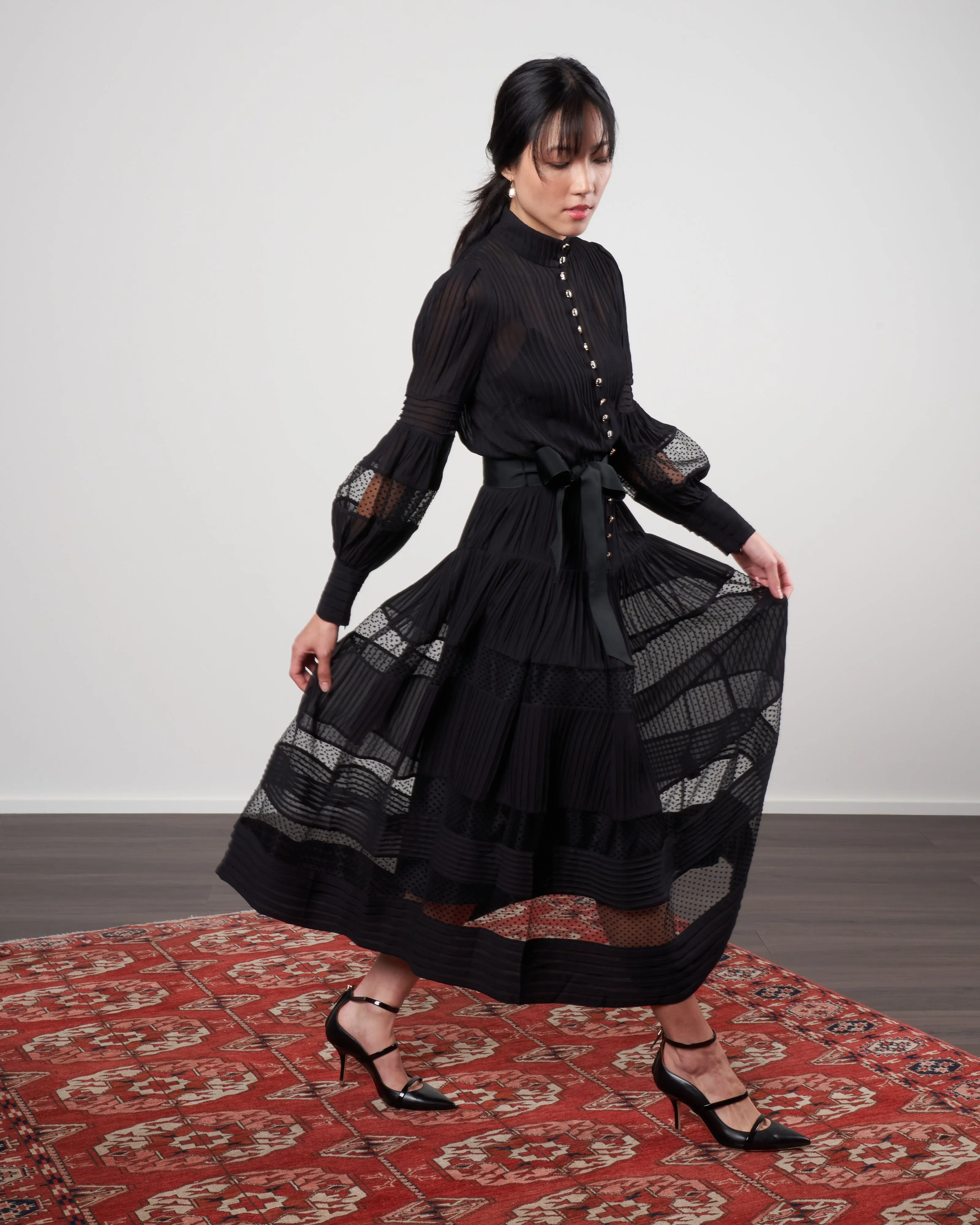 spliced mesh midi dress - black
