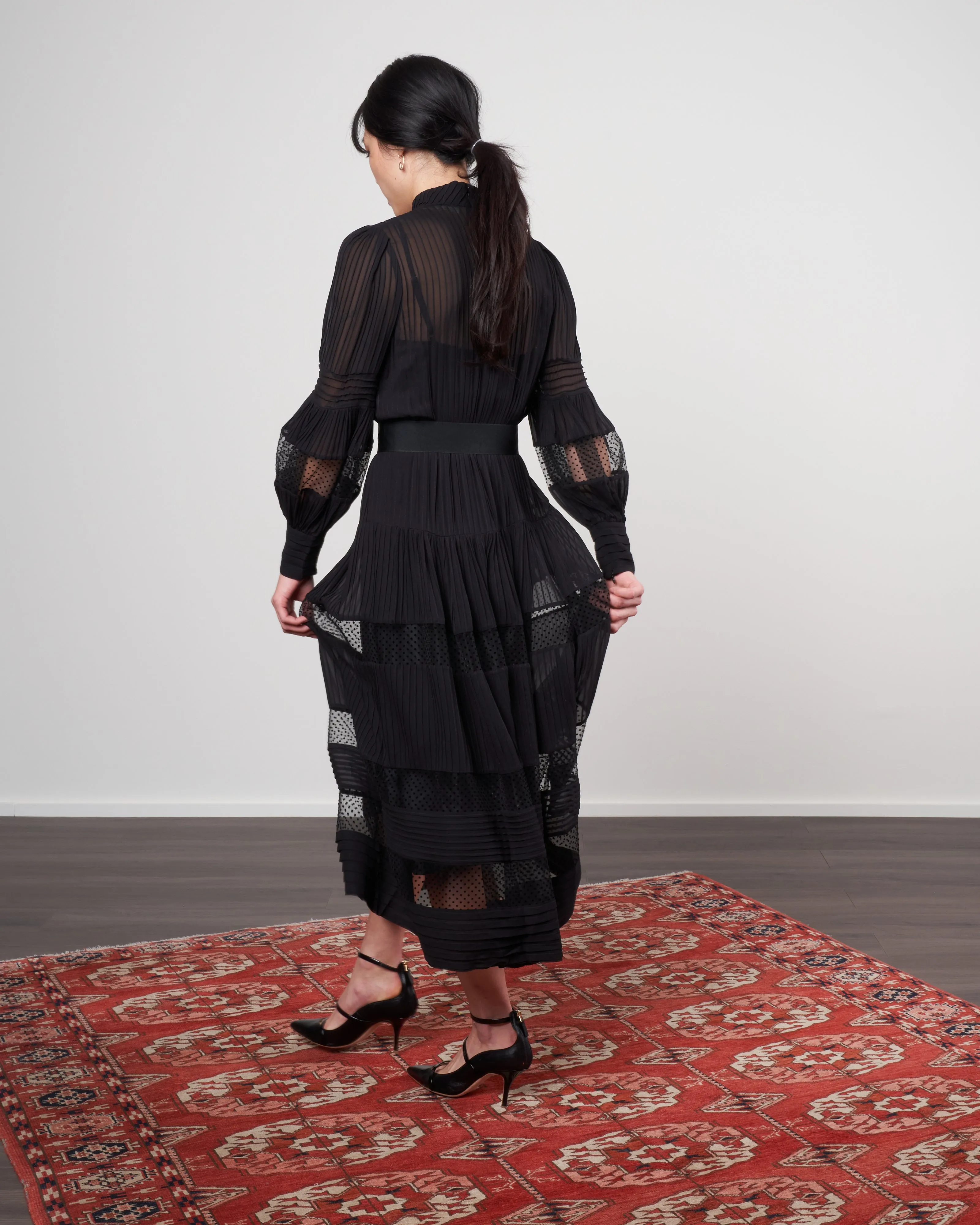 spliced mesh midi dress - black