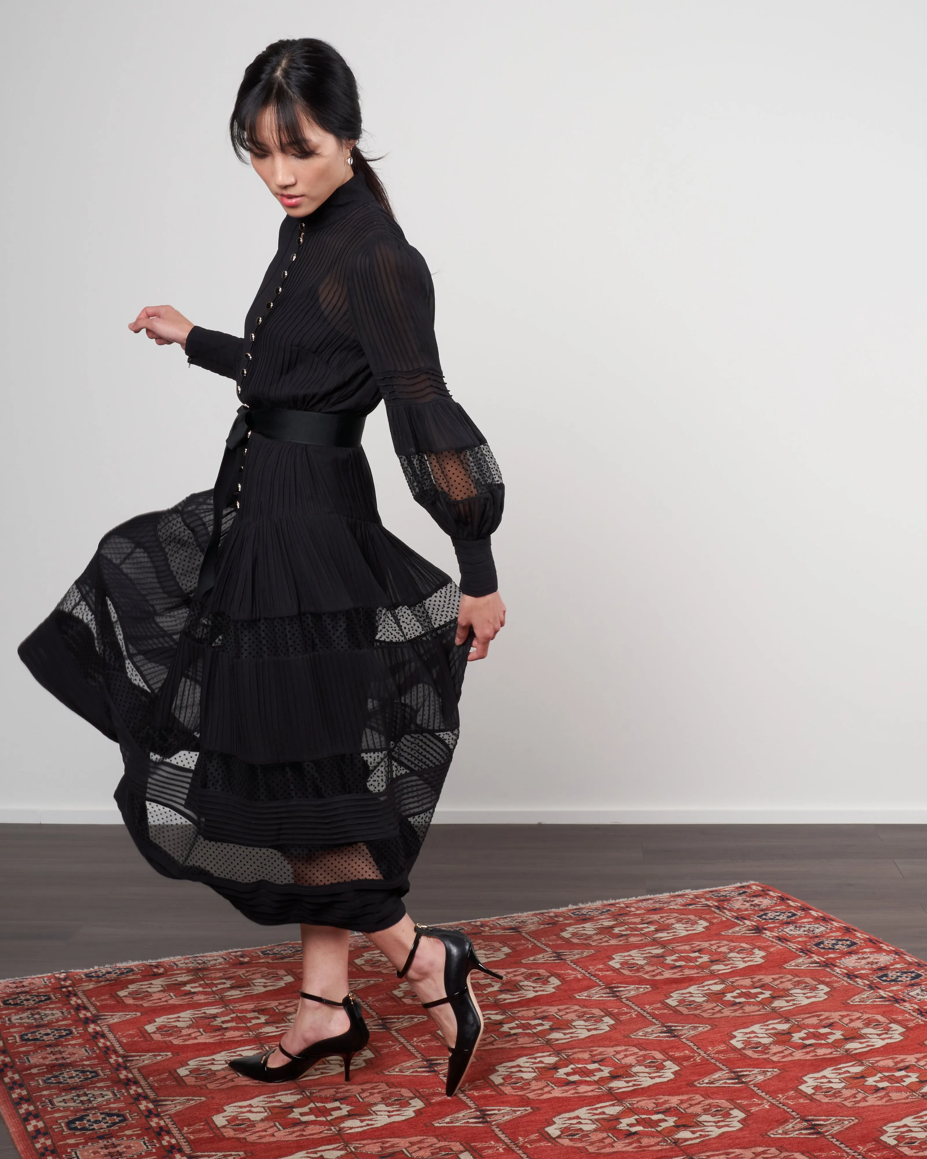 spliced mesh midi dress - black