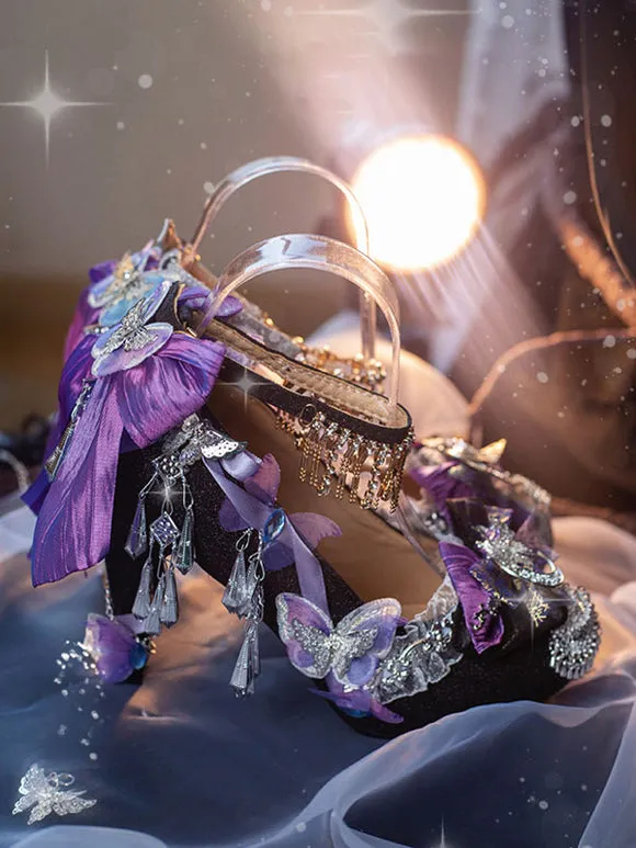 Steampunk Lolita Footwear Silver Rhinestones Flowers Butterfly Round Toe Lolita Pumps