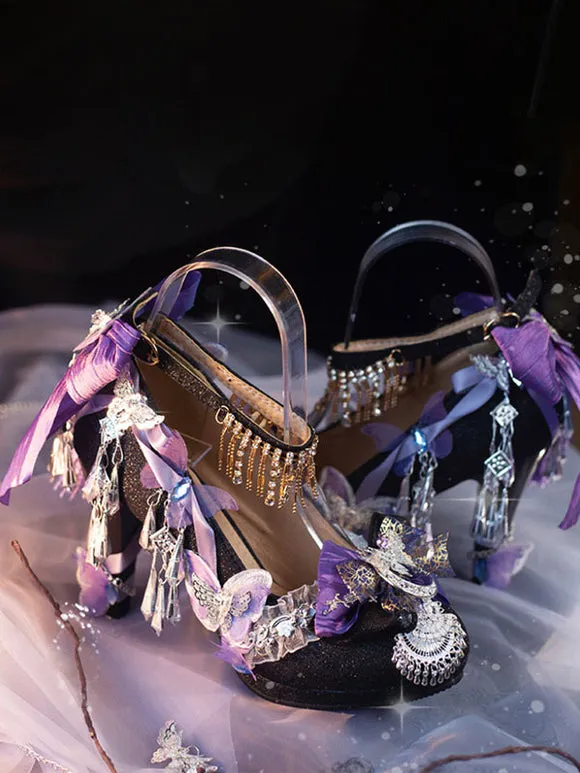Steampunk Lolita Footwear Silver Rhinestones Flowers Butterfly Round Toe Lolita Pumps