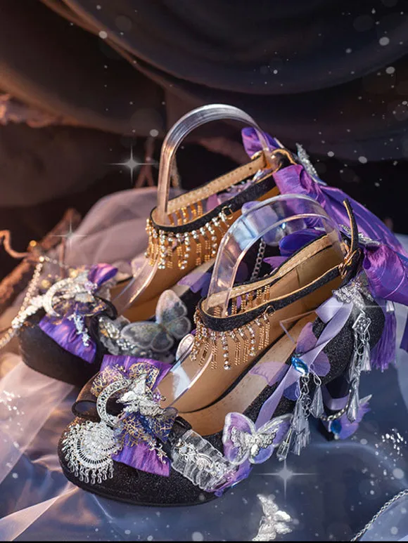 Steampunk Lolita Footwear Silver Rhinestones Flowers Butterfly Round Toe Lolita Pumps