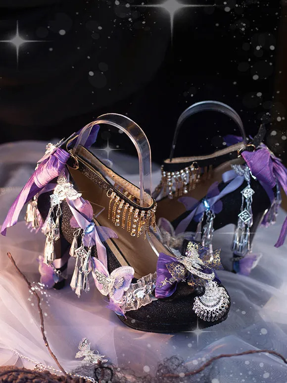 Steampunk Lolita Footwear Silver Rhinestones Flowers Butterfly Round Toe Lolita Pumps