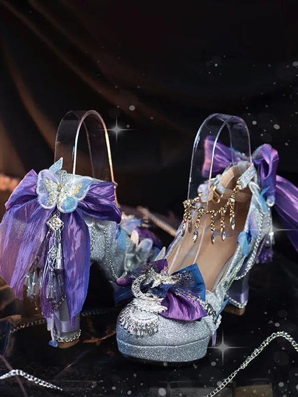Steampunk Lolita Footwear Silver Rhinestones Flowers Butterfly Round Toe Lolita Pumps