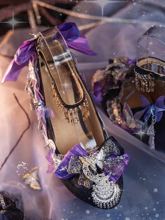 Steampunk Lolita Footwear Silver Rhinestones Flowers Butterfly Round Toe Lolita Pumps