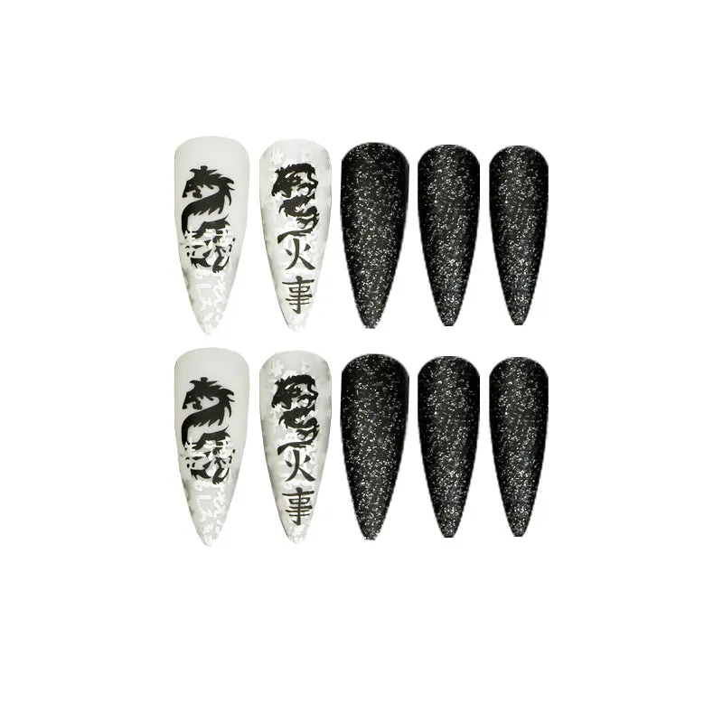 Stiletto matte B&W with Chinese and dragon
