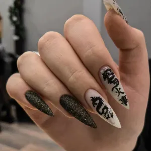 Stiletto matte B&W with Chinese and dragon