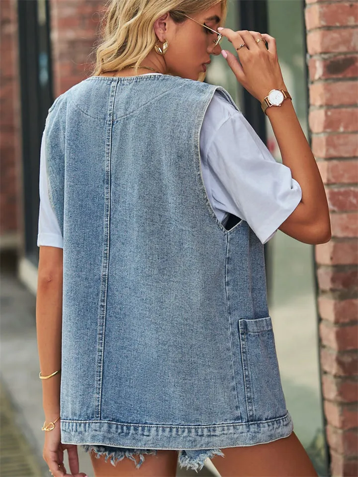 Summer Trendy Sleeveless Button Denim Vest for Cowgirl