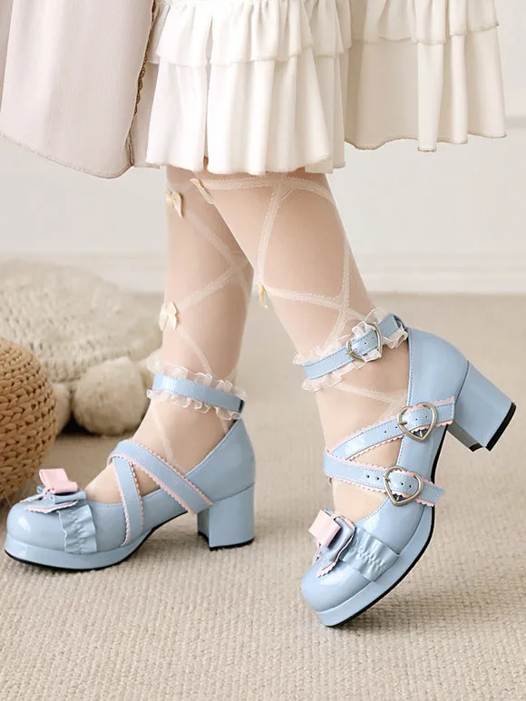 Sweet Lolita Footwear Black Bows Ruffles PU Leather Chunky Heel Lolita Pumps