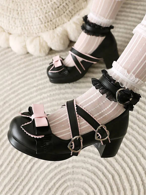 Sweet Lolita Footwear Black Bows Ruffles PU Leather Chunky Heel Lolita Pumps