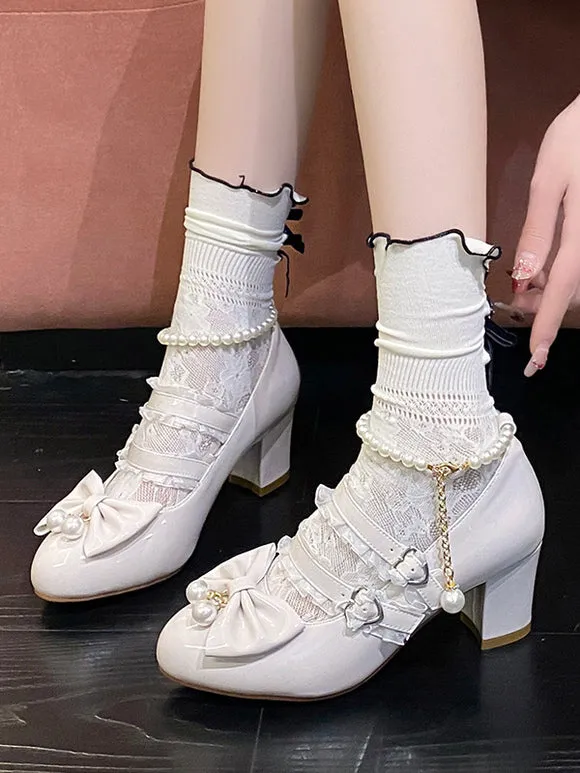 Sweet Lolita Footwear Black Chains Pearls Ruffles Pointed Toe PU Leather Lolita Shoes