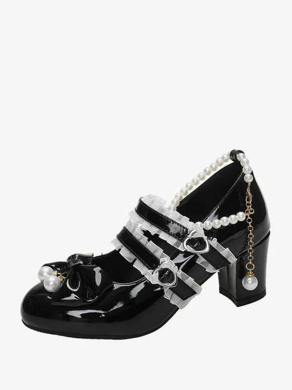 Sweet Lolita Footwear Black Chains Pearls Ruffles Pointed Toe PU Leather Lolita Shoes