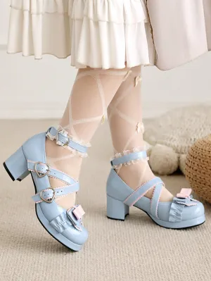 Sweet Lolita Footwear Light Sky Blue Bows Round Toe PU Leather Lolita Pumps