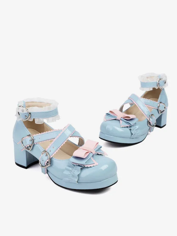 Sweet Lolita Footwear Light Sky Blue Bows Round Toe PU Leather Lolita Pumps